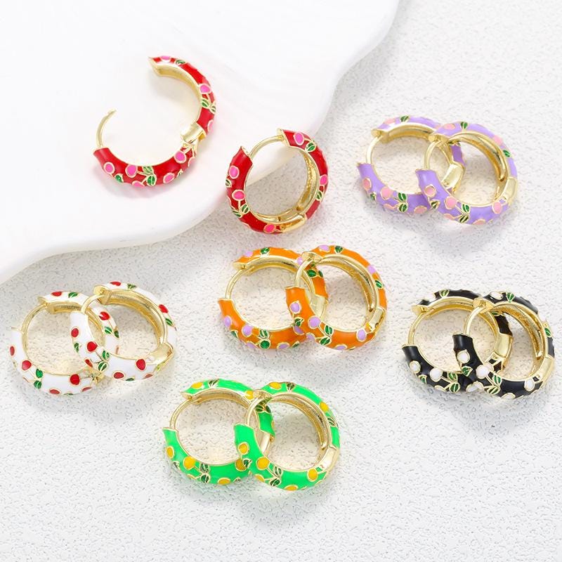 Enamel Hoop Earrings, Colorful Oil Drip Round CherryEar Clips, Brass Candy Color Jewelry 1 Pair