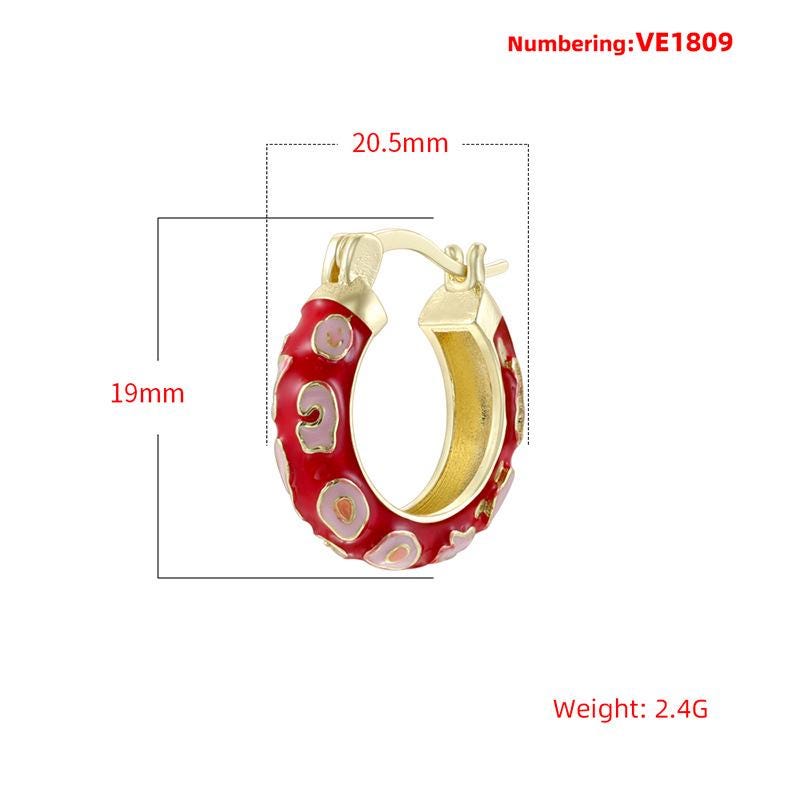 Enamel Hoop Earrings, Colorful Oil Drip Round Snakeskin Ear Clips, Brass Leopard Print Jewelry 1 Pair