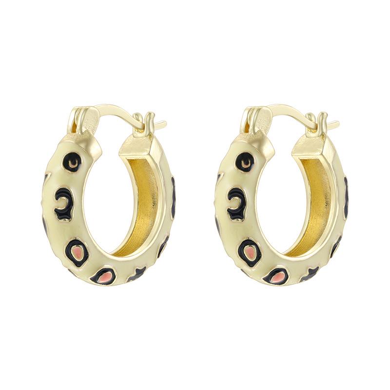 Enamel Hoop Earrings, Colorful Oil Drip Round Snakeskin Ear Clips, Brass Leopard Print Jewelry 1 Pair