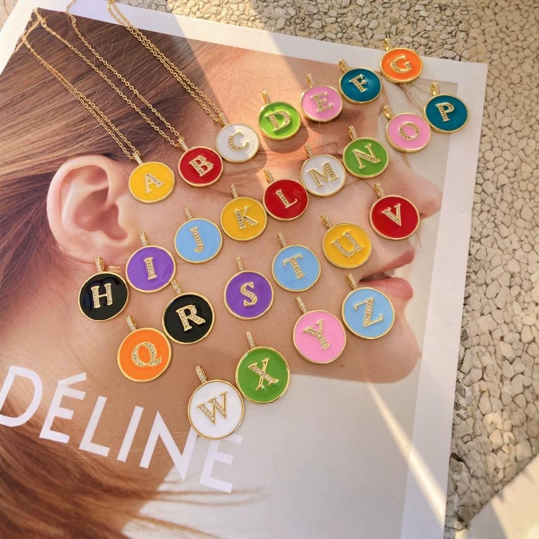 Enamel Letter Round Shape Pendant Colorful English Letter Pendant for DIY Gifts Necklace Making