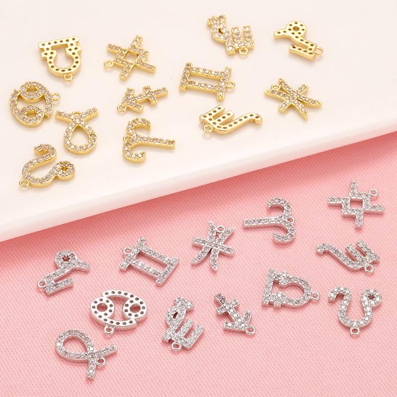 12 Zodiac Sign Copper Brass Pendnts, Gold Plated for DIY Necklace Earrings Making