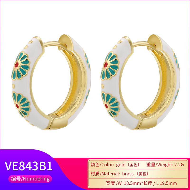 Enamel Hoop Earrings, Colorful Oil Drip Round Flower Ear Clips, Brass Candy Color Jewelry 1 Pair