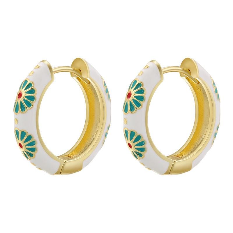 Enamel Hoop Earrings, Colorful Oil Drip Round Flower Ear Clips, Brass Candy Color Jewelry 1 Pair
