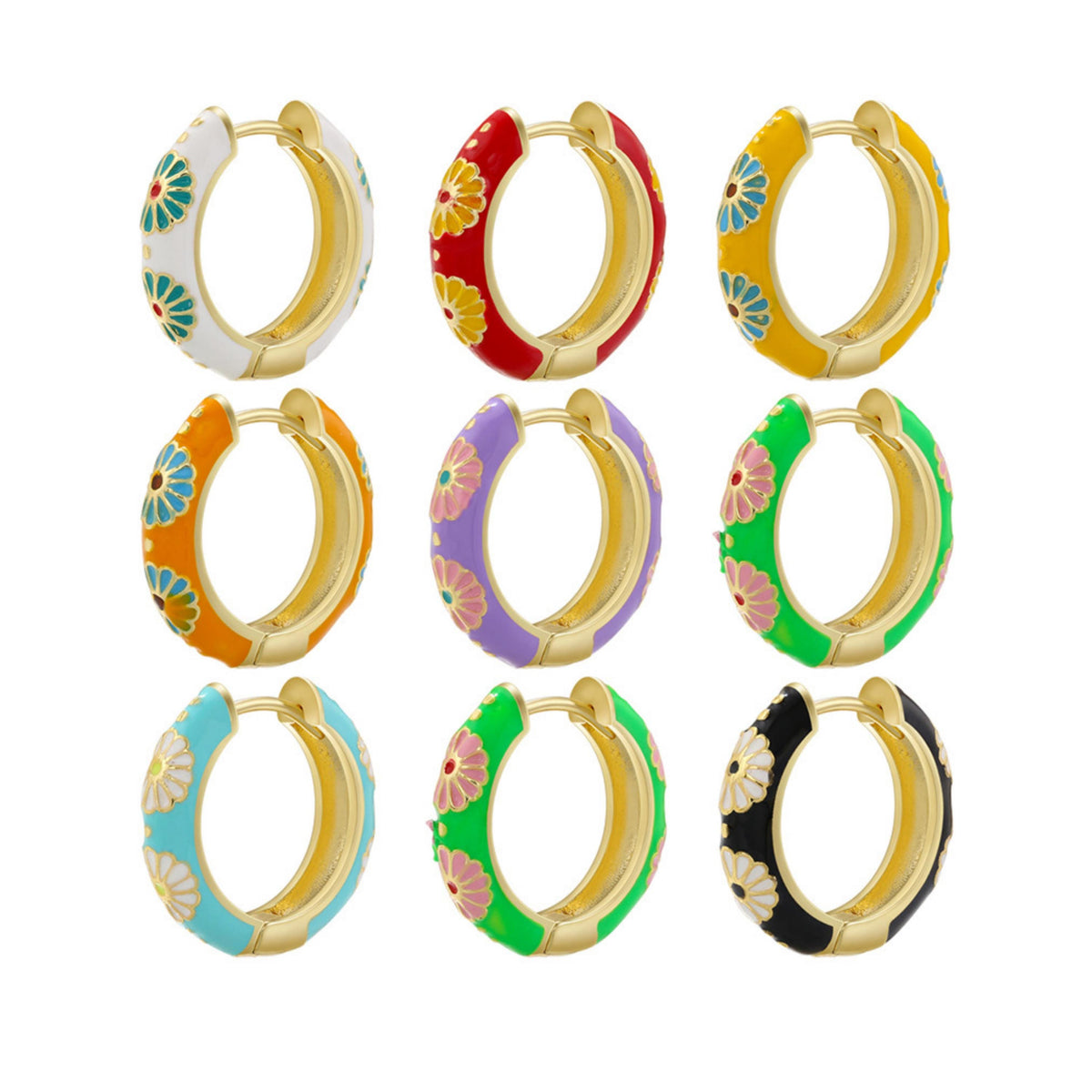 Enamel Hoop Earrings, Colorful Oil Drip Round Flower Ear Clips, Brass Candy Color Jewelry 1 Pair