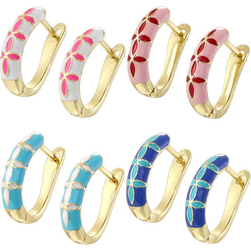 Enamel Hoop Earrings, Colorful Oil Drip Round Four Leaf Clover Ear Clips, Brass Candy Color Jewelry 1 Pair
