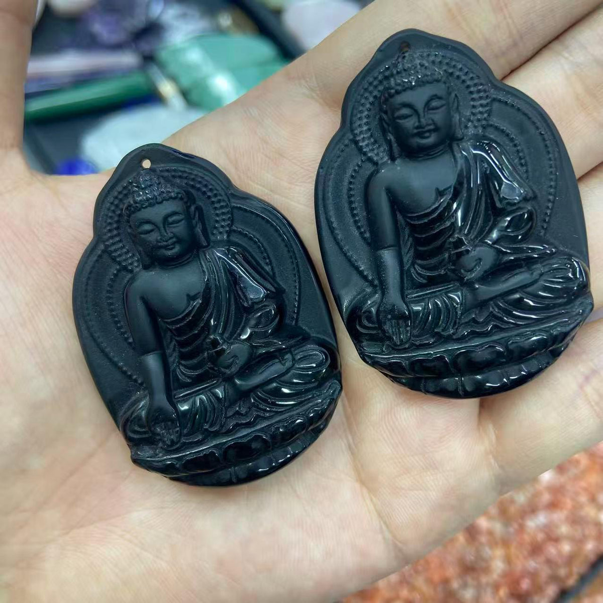 Obsidian Medicine Buddha Pendant, Hand Carved Black Crystal Amulet, Spiritual Protection Jewelry 54mm*39mm