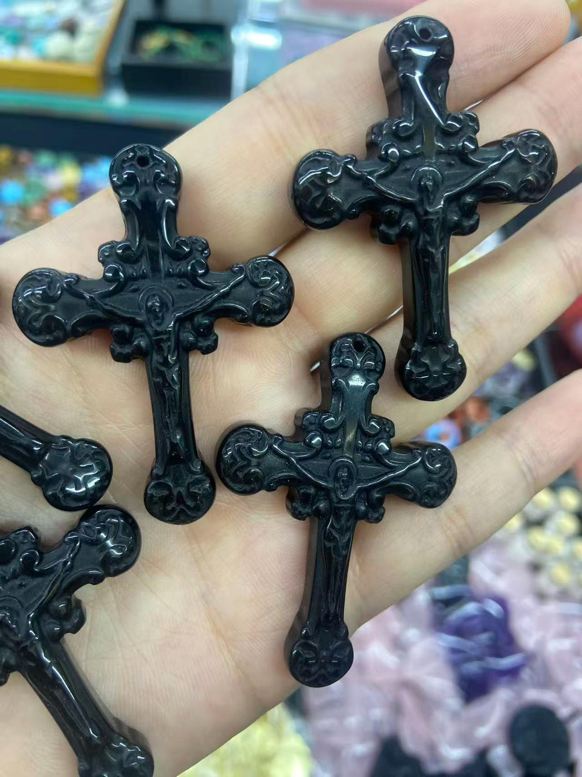 Obsidian Jesus Crucifix Cross Pendant, Hand Carved Black Crystal Religious Amulet, Christian Faith Protection Jewelry 38mm*54mm