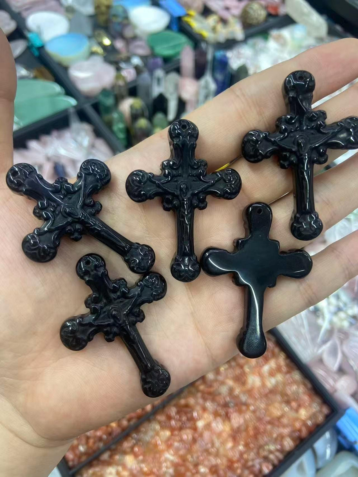 Obsidian Jesus Crucifix Cross Pendant, Hand Carved Black Crystal Religious Amulet, Christian Faith Protection Jewelry 38mm*54mm