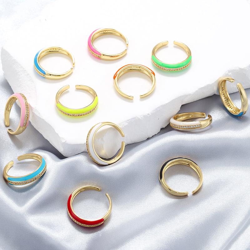 Colorful Enamel Rings with Half Zircon Adjustable Brass Rings Statement Rings for Jewellry