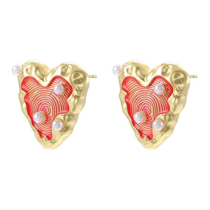 Colorful Enamel Wrinkled Heart Stud Earrings Sweet Love Heart Dainty Ear Jewelry Brass Candy Color Jewelry 1 Pair
