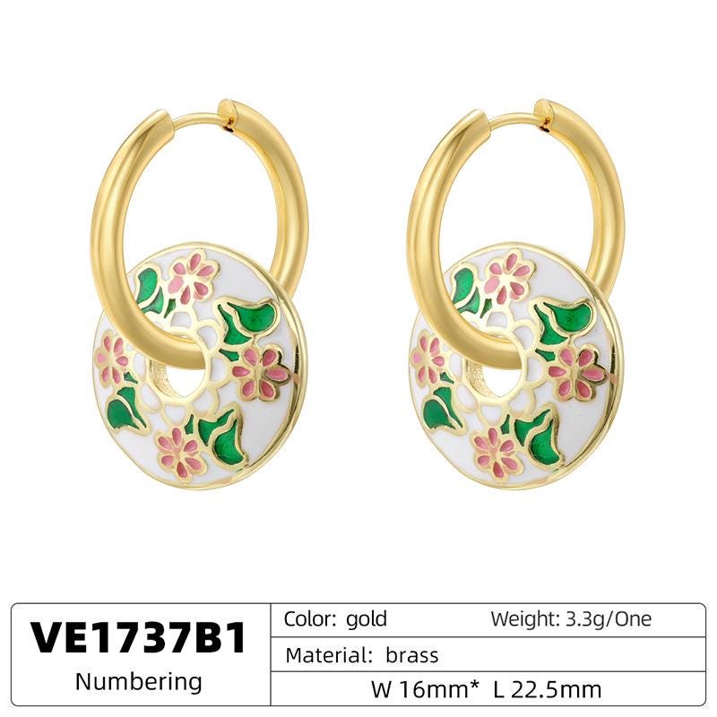 Vintage New Chinese Style Colorful Enamel Chrysanthemum Leaf Hoop Earrings Elegant Floral Ear Buckle Jewelry 1 Pair