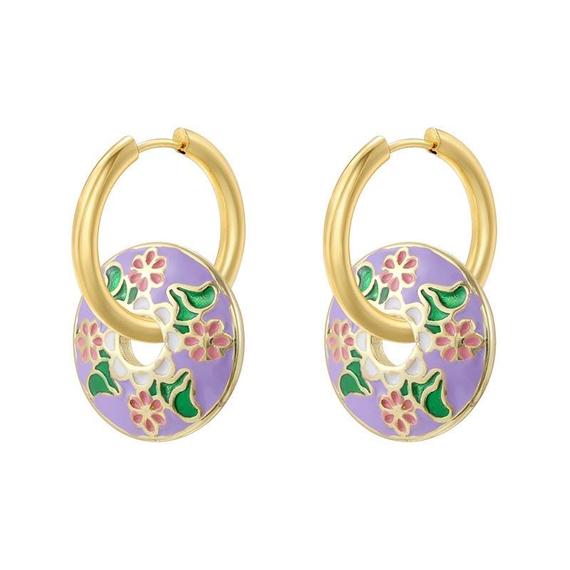 Vintage New Chinese Style Colorful Enamel Chrysanthemum Leaf Hoop Earrings Elegant Floral Ear Buckle Jewelry 1 Pair