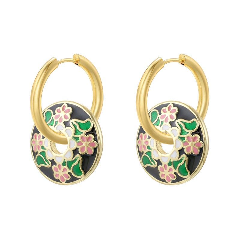 Vintage New Chinese Style Colorful Enamel Chrysanthemum Leaf Hoop Earrings Elegant Floral Ear Buckle Jewelry 1 Pair