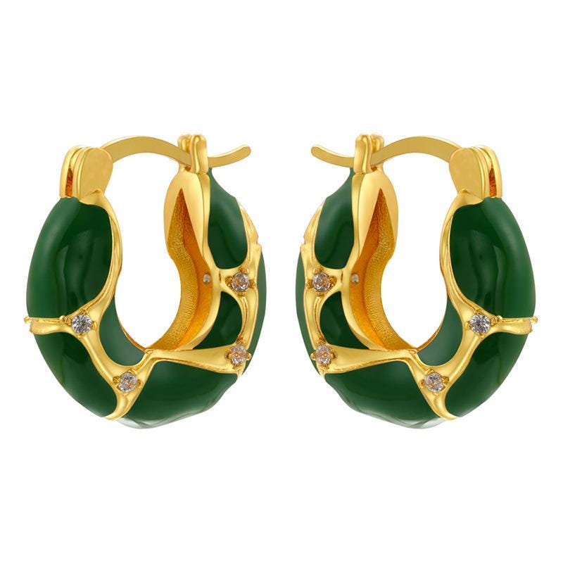 Enamel Hoop Earrings, Irregular Shape with Zircon Colorful Oil Drip Round Circle, Brass Candy Color Jewelry 1 Pair