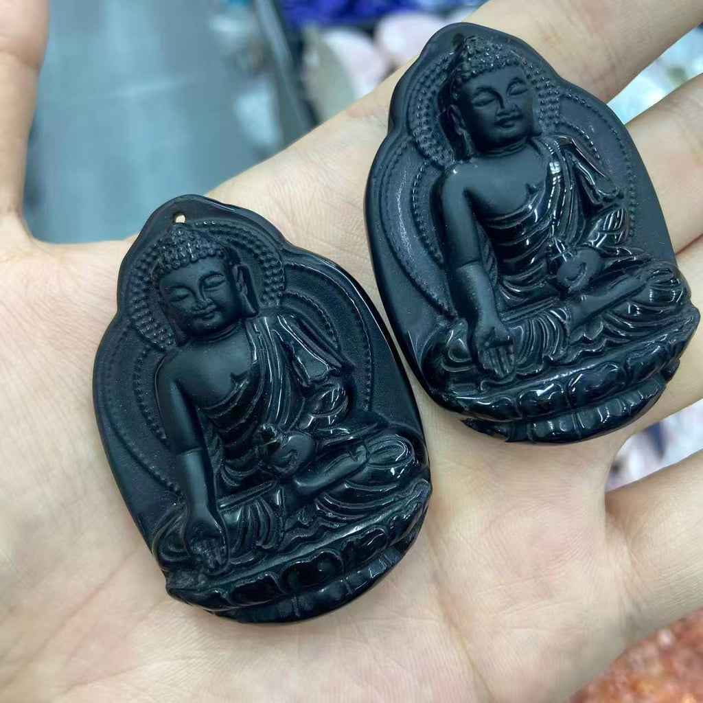Obsidian Medicine Buddha Pendant, Hand Carved Black Crystal Amulet, Spiritual Protection Jewelry 54mm*39mm