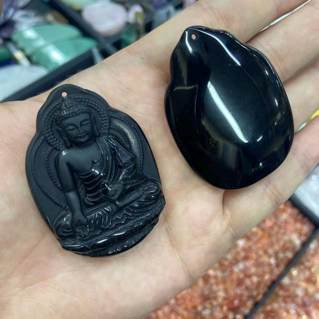 Obsidian Medicine Buddha Pendant, Hand Carved Black Crystal Amulet, Spiritual Protection Jewelry 54mm*39mm