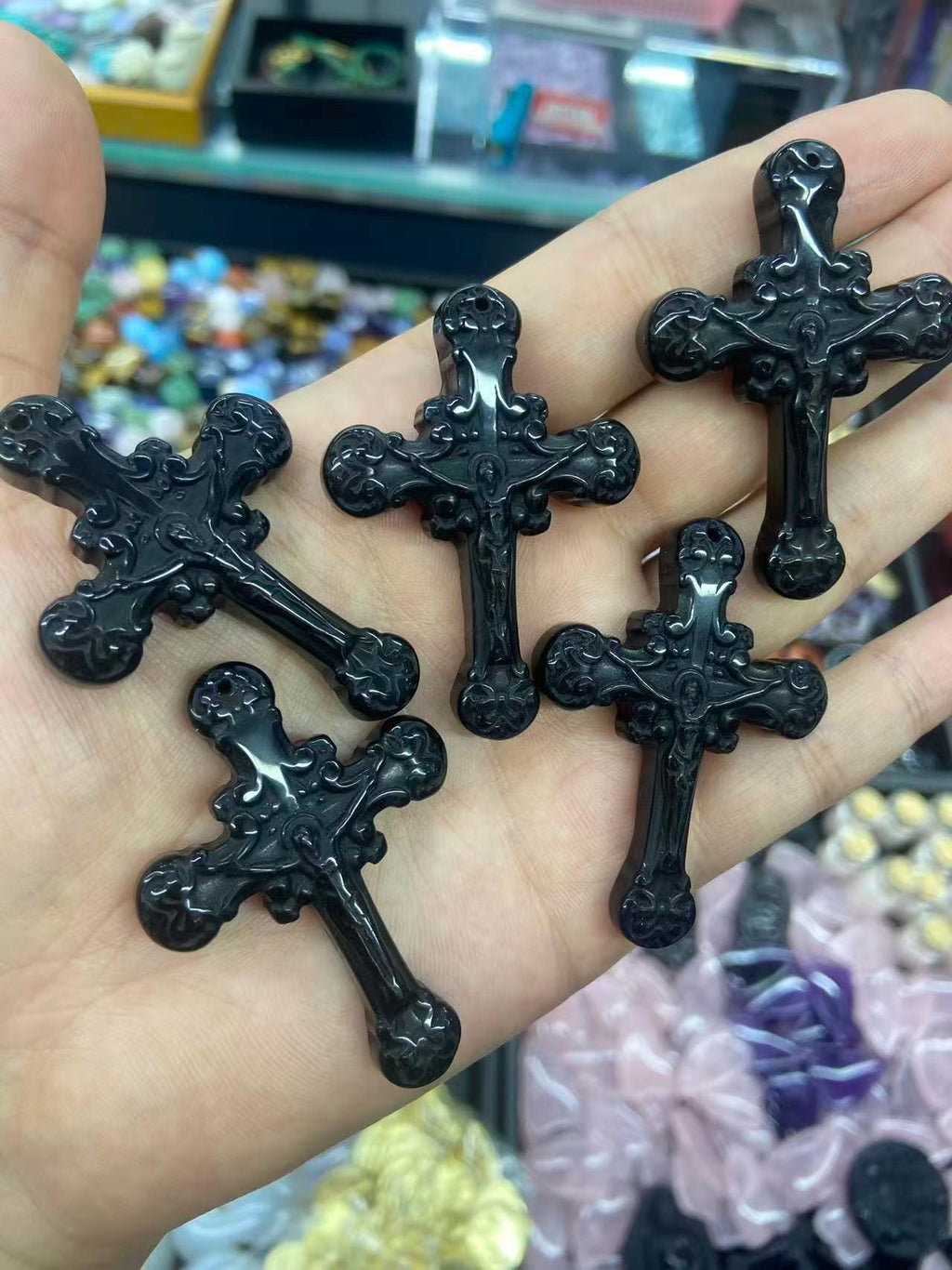 Obsidian Jesus Crucifix Cross Pendant, Hand Carved Black Crystal Religious Amulet, Christian Faith Protection Jewelry 38mm*54mm