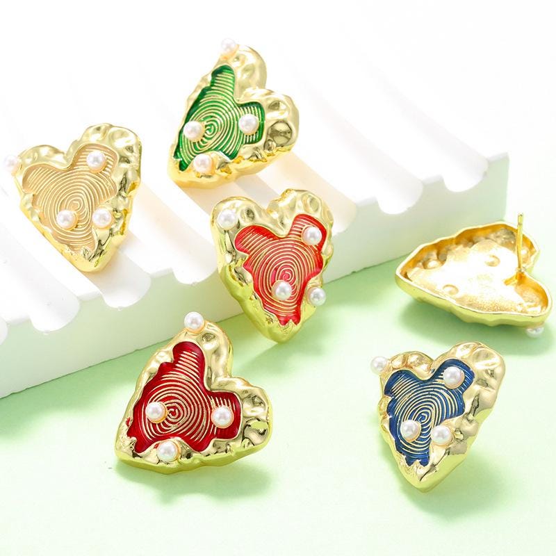 Colorful Enamel Wrinkled Heart Stud Earrings Sweet Love Heart Dainty Ear Jewelry Brass Candy Color Jewelry 1 Pair