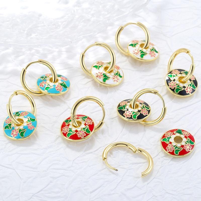 Vintage New Chinese Style Colorful Enamel Chrysanthemum Leaf Hoop Earrings Elegant Floral Ear Buckle Jewelry 1 Pair