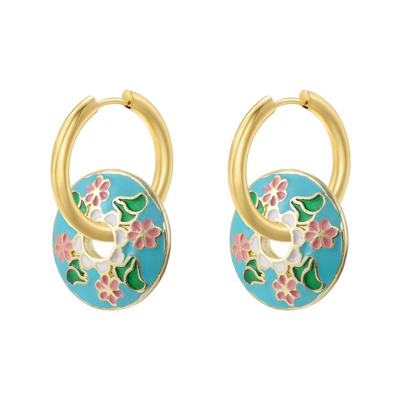 Vintage New Chinese Style Colorful Enamel Chrysanthemum Leaf Hoop Earrings Elegant Floral Ear Buckle Jewelry 1 Pair