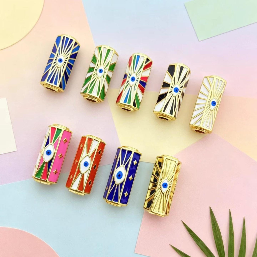 Enamel Colorful Evil Eyes Tube Shape Pendant Gold Curved Tube Pendant DIY Bracelet and Necklace Accessory