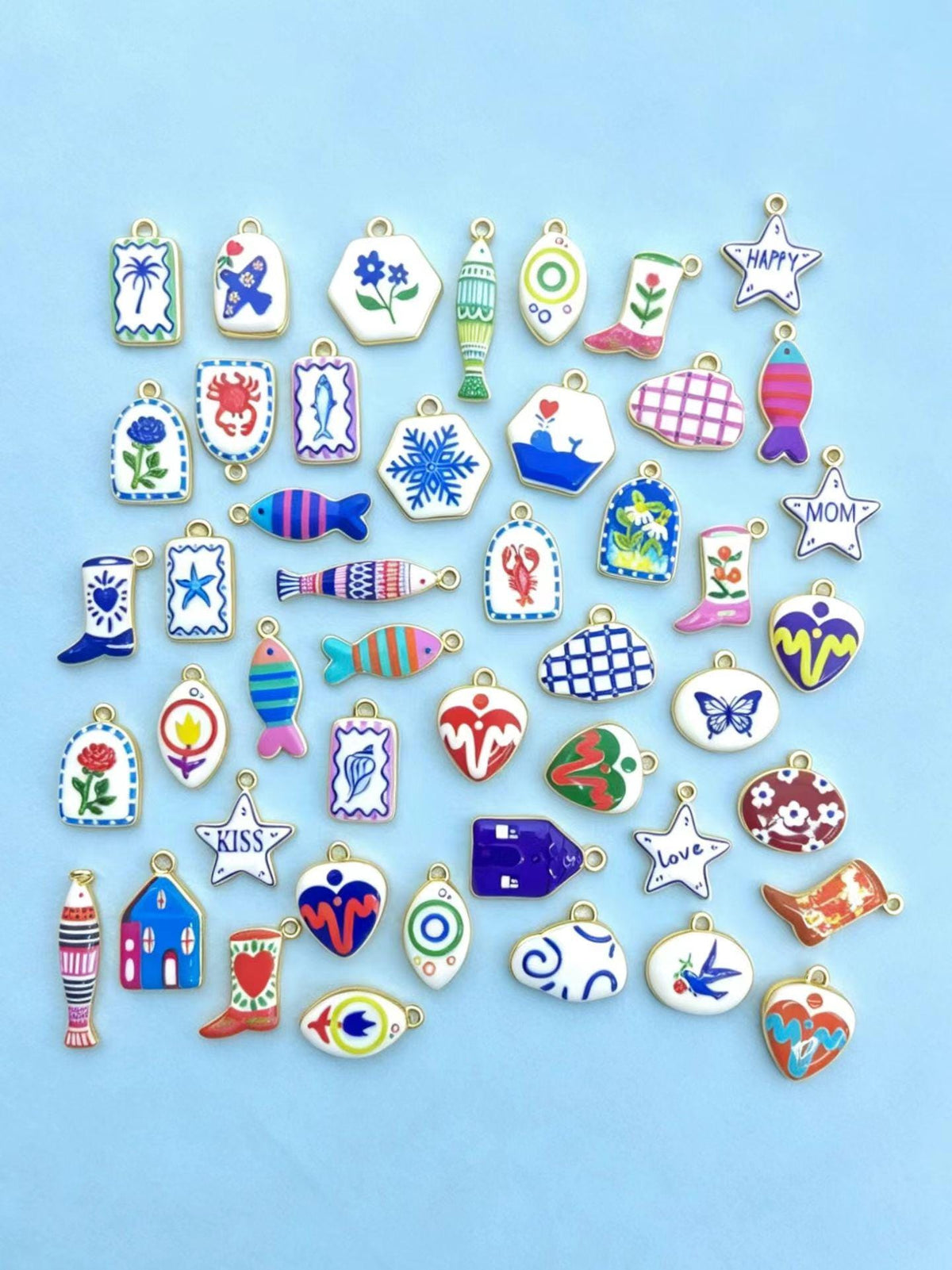 70 Kinds of Enamel Hand Paited Charms DIY Accessories, Animal Heart Eye Moon Star Cloud Flower Pendants for Necklace Keychain Making