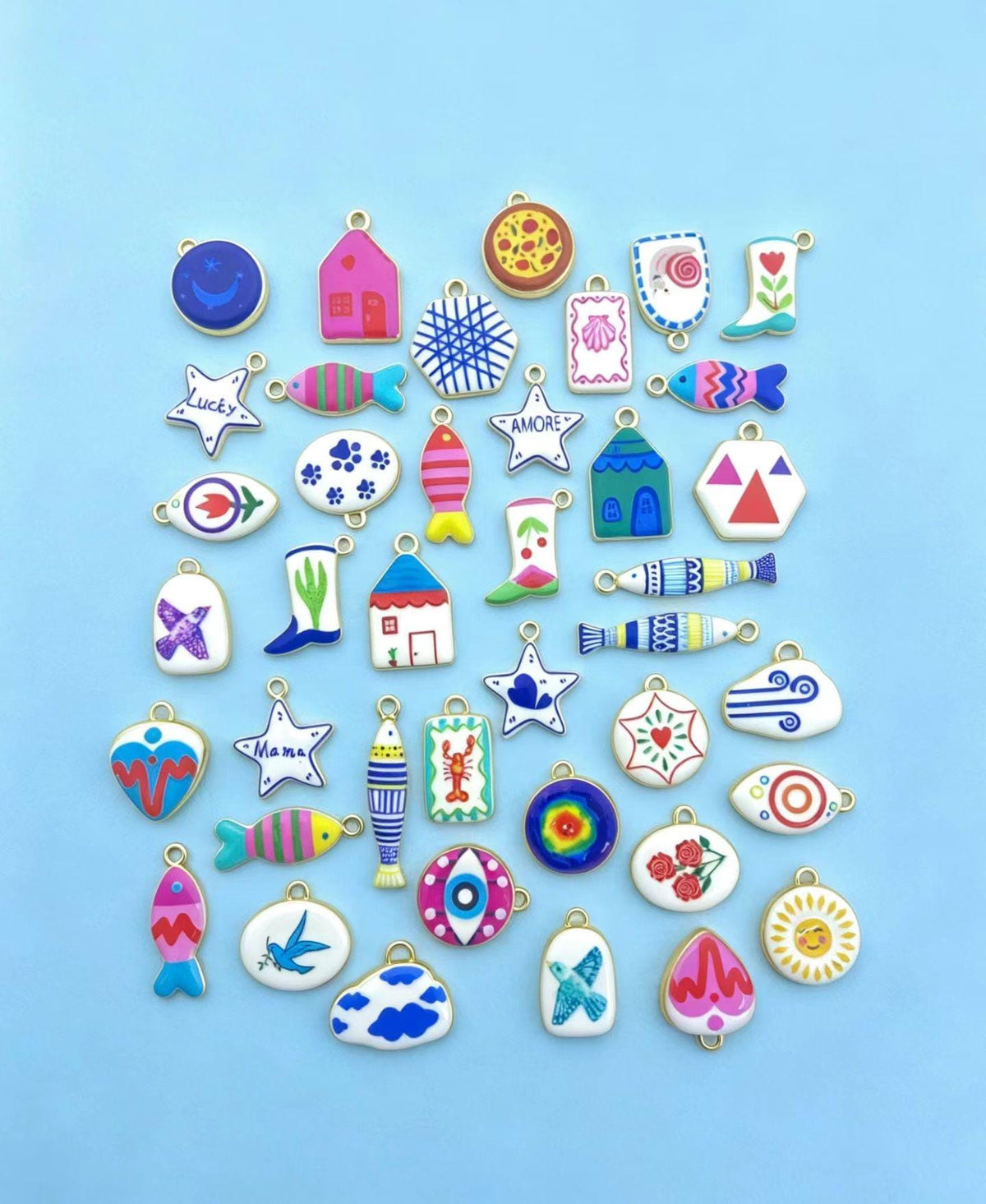 70 Kinds of Enamel Hand Paited Charms DIY Accessories, Animal Heart Eye Moon Star Cloud Flower Pendants for Necklace Keychain Making