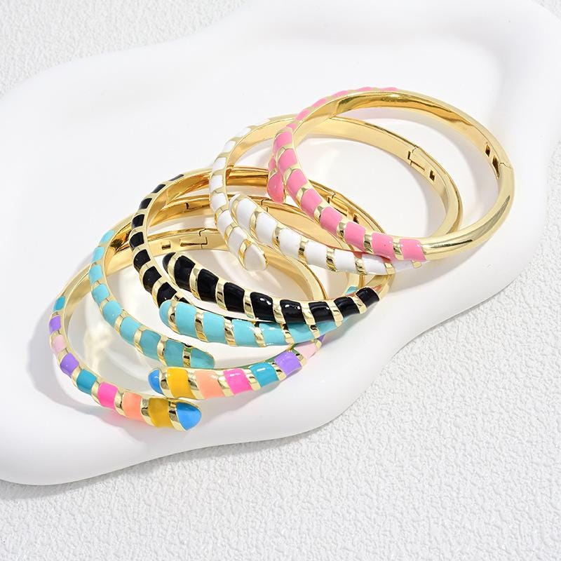 Macaron Color Enamel Caterpillar Opening Bangle, Gold Plated Stackable Bracelet Size Adjustable, Jewelry DIY Gifts for Women