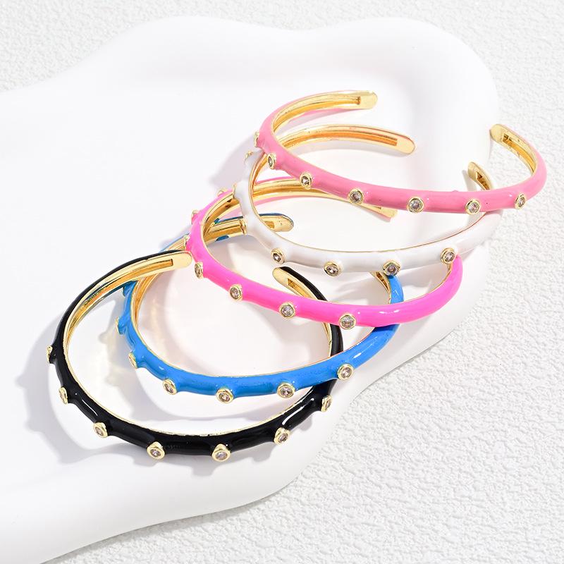 Sweet Macaron Color Enamel Zircon Opening Bangle, Gold Plated Bracelet Size Adjustable, Jewelry DIY Gifts for Women