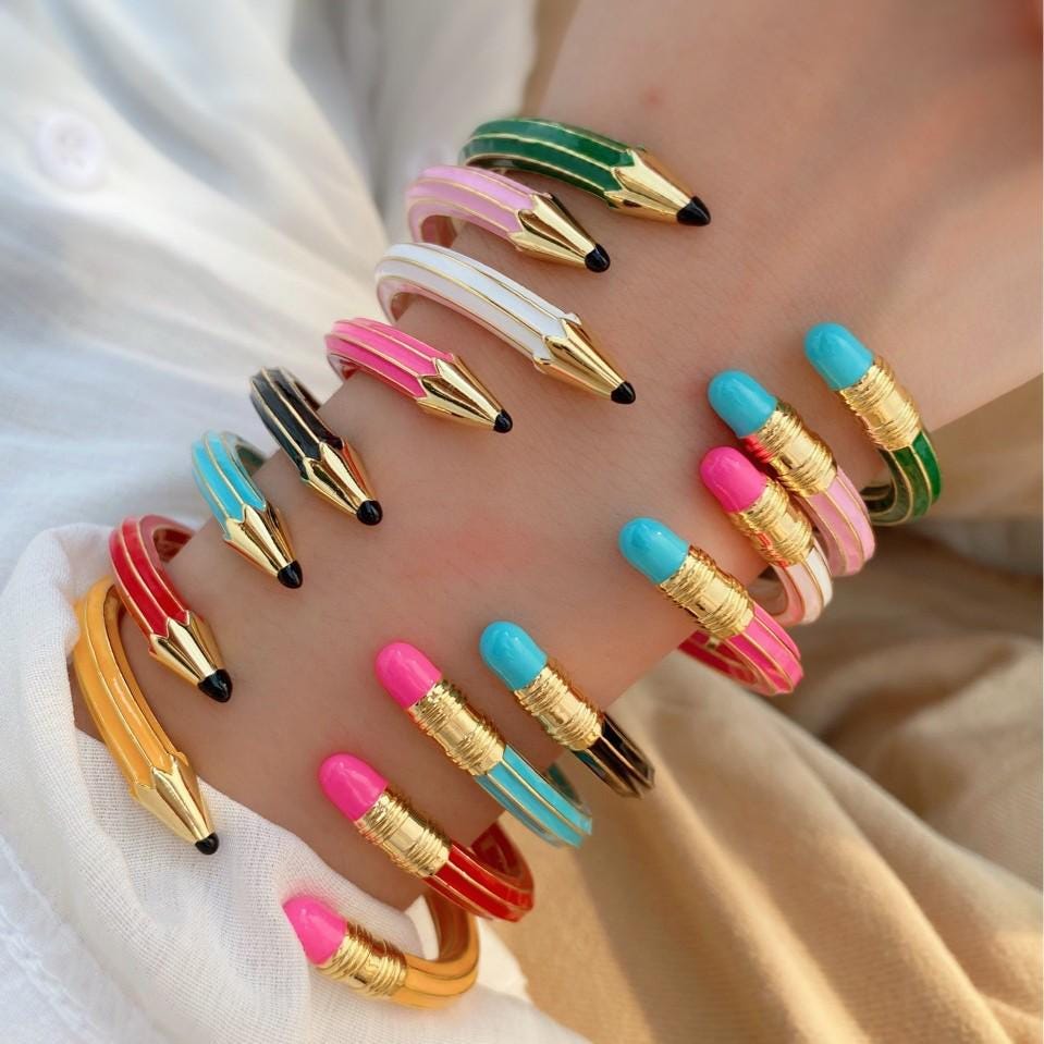 Colorful Enamel Pencil Eraser Opening Bangle, Adjustable Size Bracelet Creative Spliced Pencil Bangle, Jewelry DIY Gifts for Women