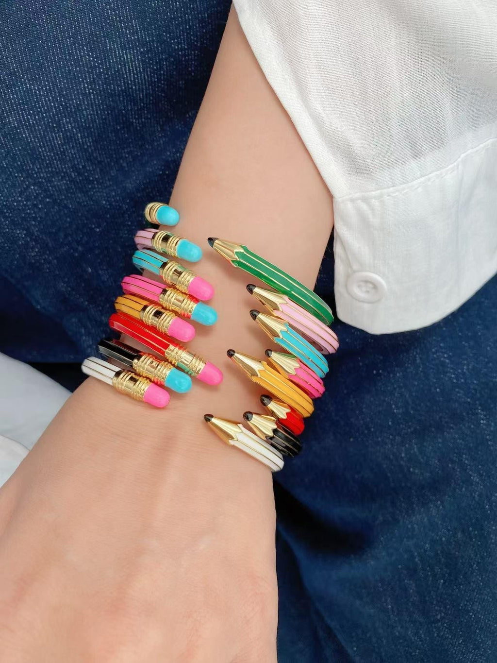 Colorful Enamel Pencil Eraser Opening Bangle, Adjustable Size Bracelet Creative Spliced Pencil Bangle, Jewelry DIY Gifts for Women