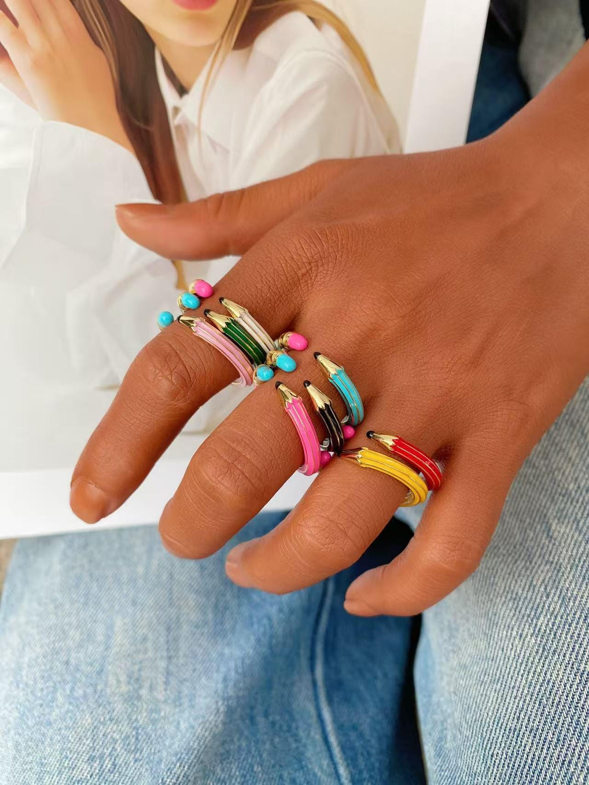Colorful Enamel Pencil Eraser Opening Rings, Adjustable Size Rings Creative Spliced Pencil Rings, Jewelry DIY Gifts for Women