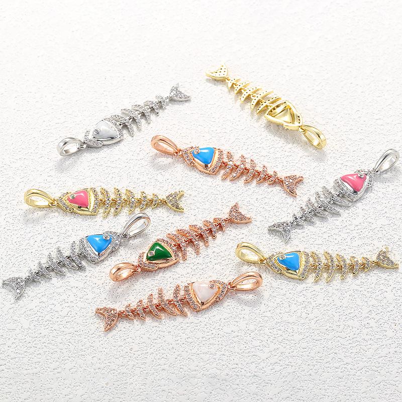 Colorful Enamel Fishbone Charm,Copper InIaid Zircon Pendant,DIY Bracelet Necklace Gifts for Her