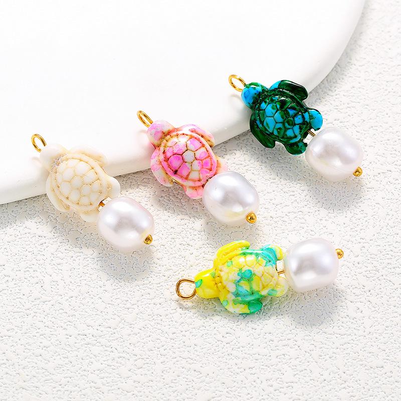 Bohemian Style Hand Painted Turtle with Pearl Dangle Charm,Ocean Pendant for DIY Bracelet Necklace Jewelry Making