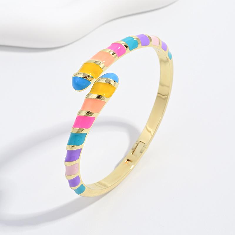 Macaron Color Enamel Caterpillar Opening Bangle, Gold Plated Stackable Bracelet Size Adjustable, Jewelry DIY Gifts for Women