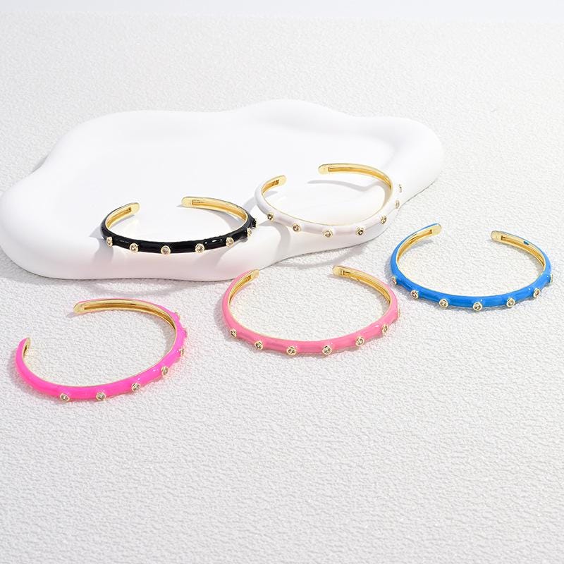 Sweet Macaron Color Enamel Zircon Opening Bangle, Gold Plated Bracelet Size Adjustable, Jewelry DIY Gifts for Women