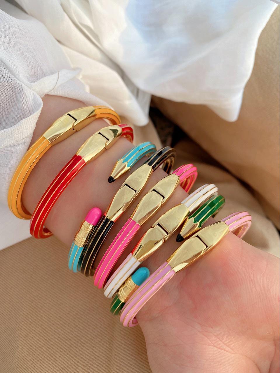 Colorful Enamel Pencil Eraser Opening Bangle, Adjustable Size Bracelet Creative Spliced Pencil Bangle, Jewelry DIY Gifts for Women