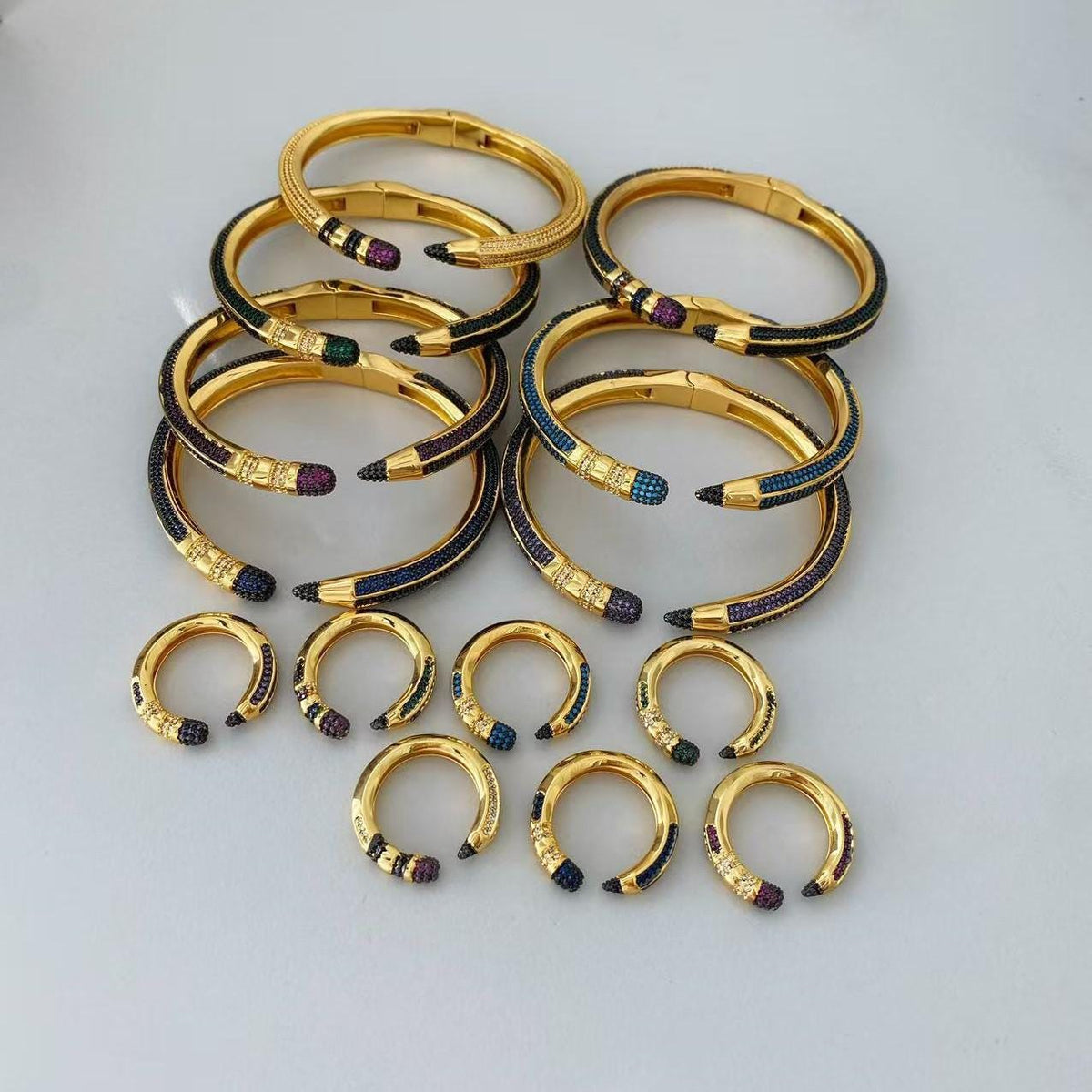 Colorful Zircon Pencil Eraser Opening Size Bangle Rings, Adjustable Size Bangle Creative Spliced Pencil Rings, Jewelry DIY Gifts for Women