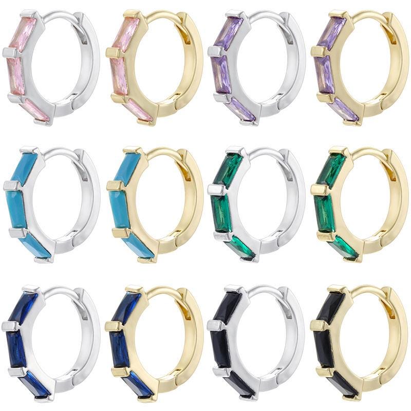 Copper Inlaid Square Oval Multicolor CZ U Shape Hoop Earrings,Colorful Zircon Women Jewelry Gifts for Her 1 Pair