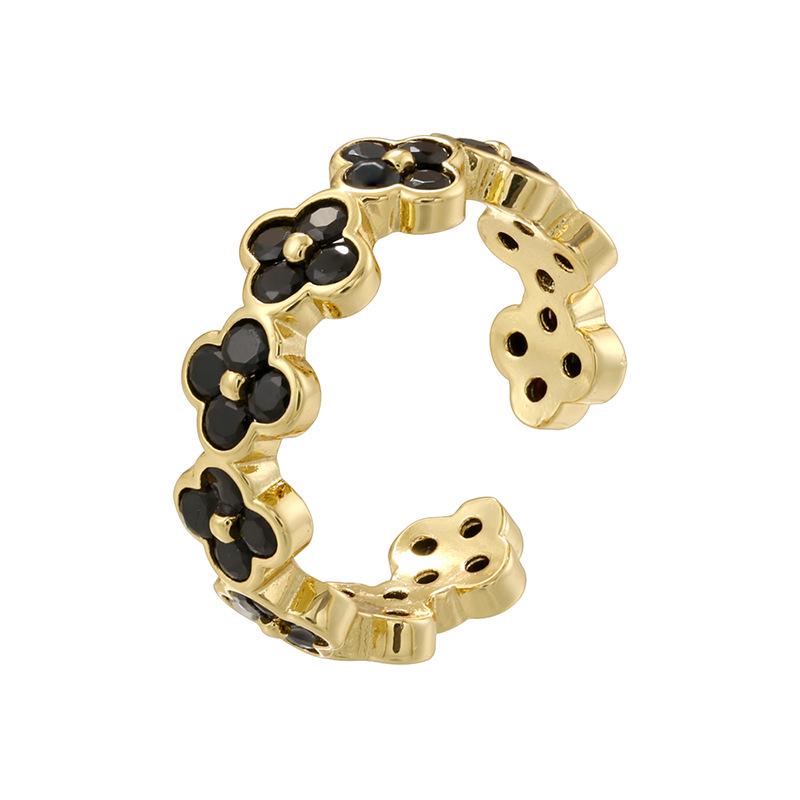 Multicolor Cubic Zirco Four Leaf Clover Open Adjustable Rings, Lucky Clover Stackable Finger Ring