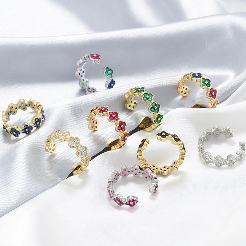 Multicolor Cubic Zirco Four Leaf Clover Open Adjustable Rings, Lucky Clover Stackable Finger Ring