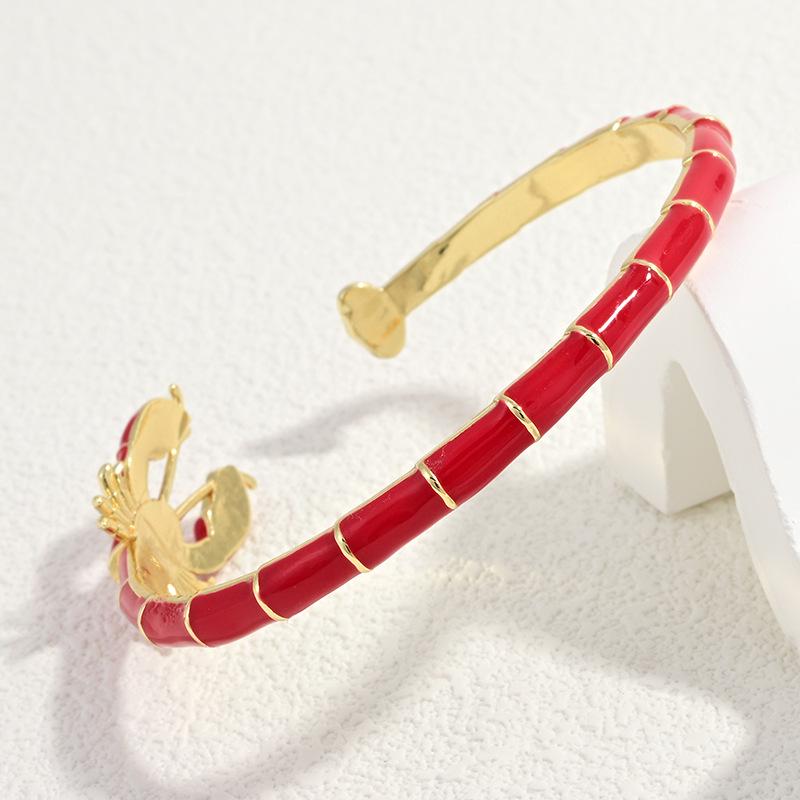 Creative Enamel Red Lobster Bamboo Bracelet, Fun Crayfish Cuff Bangle, Shell Pearl  Adjustable Open Bangle Jewelry DIY Gifts for Women