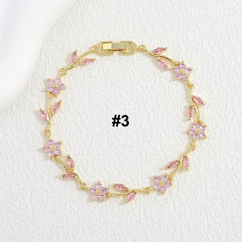 Luxury Camellia Flower Bracelet, Copper Inlaid Color Zircon Floral Bangle, Elegant Five Petal Botanical Jewelry  for Women