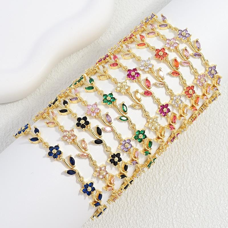 Luxury Camellia Flower Bracelet, Copper Inlaid Color Zircon Floral Bangle, Elegant Five Petal Botanical Jewelry  for Women