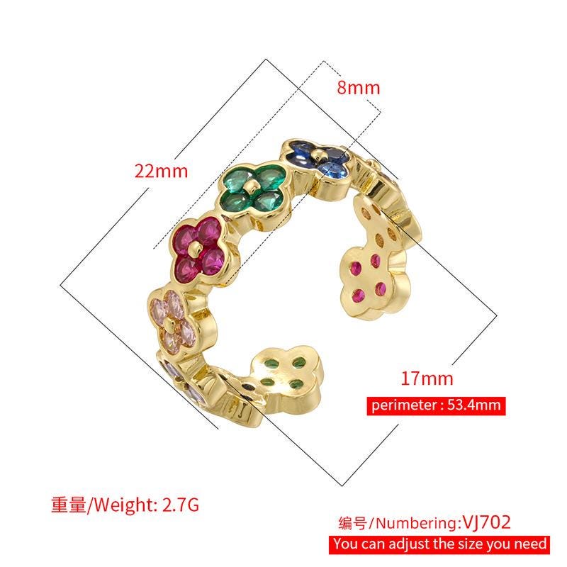 Multicolor Cubic Zirco Four Leaf Clover Open Adjustable Rings, Lucky Clover Stackable Finger Ring