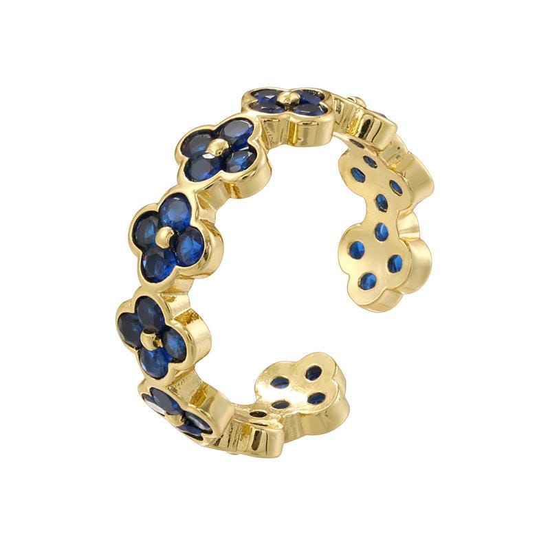 Multicolor Cubic Zirco Four Leaf Clover Open Adjustable Rings, Lucky Clover Stackable Finger Ring