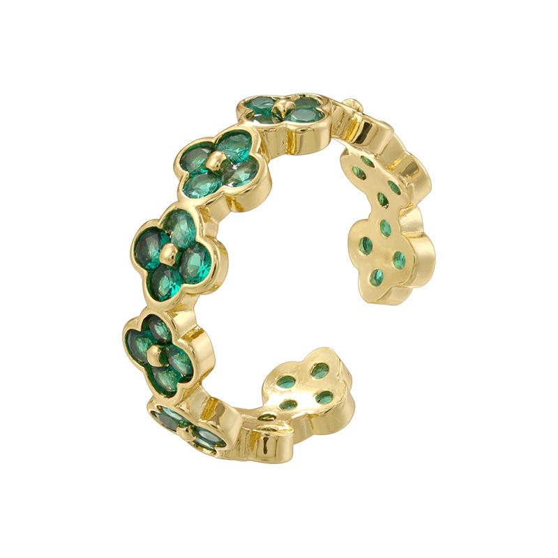 Multicolor Cubic Zirco Four Leaf Clover Open Adjustable Rings, Lucky Clover Stackable Finger Ring