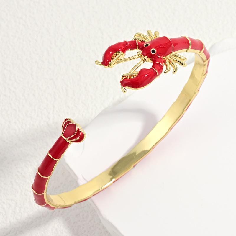 Creative Enamel Red Lobster Bamboo Bracelet, Fun Crayfish Cuff Bangle, Shell Pearl  Adjustable Open Bangle Jewelry DIY Gifts for Women