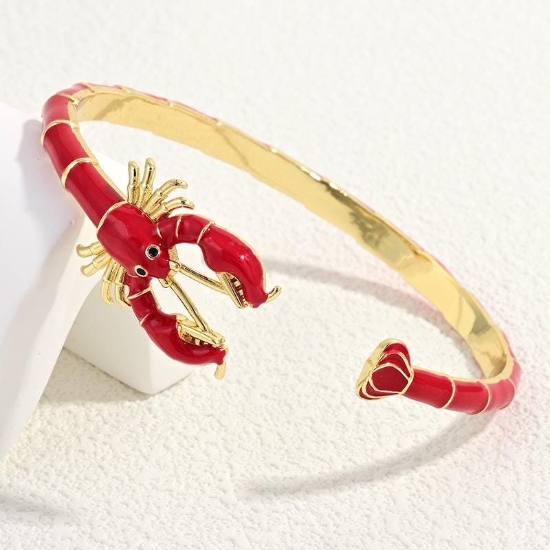 Creative Enamel Red Lobster Bamboo Bracelet, Fun Crayfish Cuff Bangle, Shell Pearl  Adjustable Open Bangle Jewelry DIY Gifts for Women