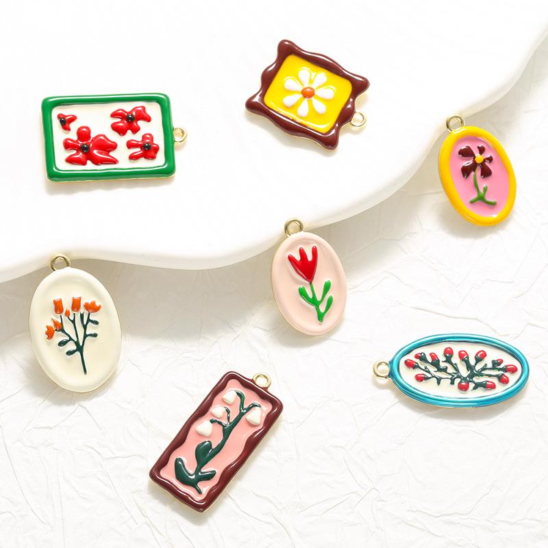 French Vintage Colorful Enamel Flower Earrings Pendant, Tulip Daisy Lily of the Valley Floral Charms for Necklace Making